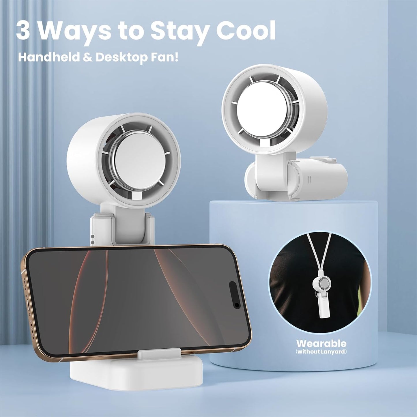 Portable Mini Handheld Fan with Ice Cooler, 180° Adjustable Head, Hook & Phone Stand, 13000RPM Turbo 5-Speed, 4000Mah Battery, Personal Fan for Travel/Office/Outdoor (Milky White)