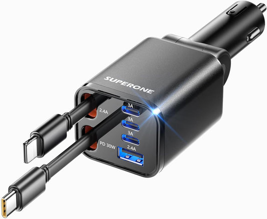 Retractable Car Charger,  99W Car Phone Charger with Cables Fast Charging, USB C Car Charger Adapter for Iphone 17 16 15 14 13 12, Samsung, Black