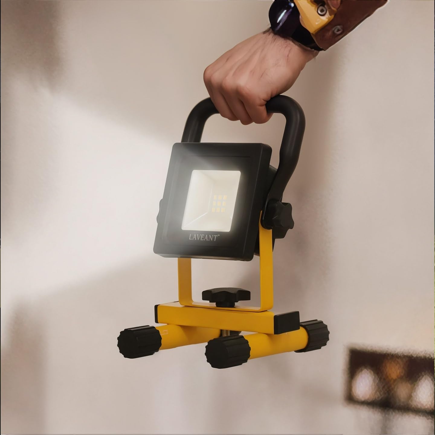 Rechargeable LED Work Lights,10W 2200Mah,600Lumens Portable Tiltable Waterproof Flood Lights with Stand, Men Tools for Outdoor Garage Emergency(10W Yellow)