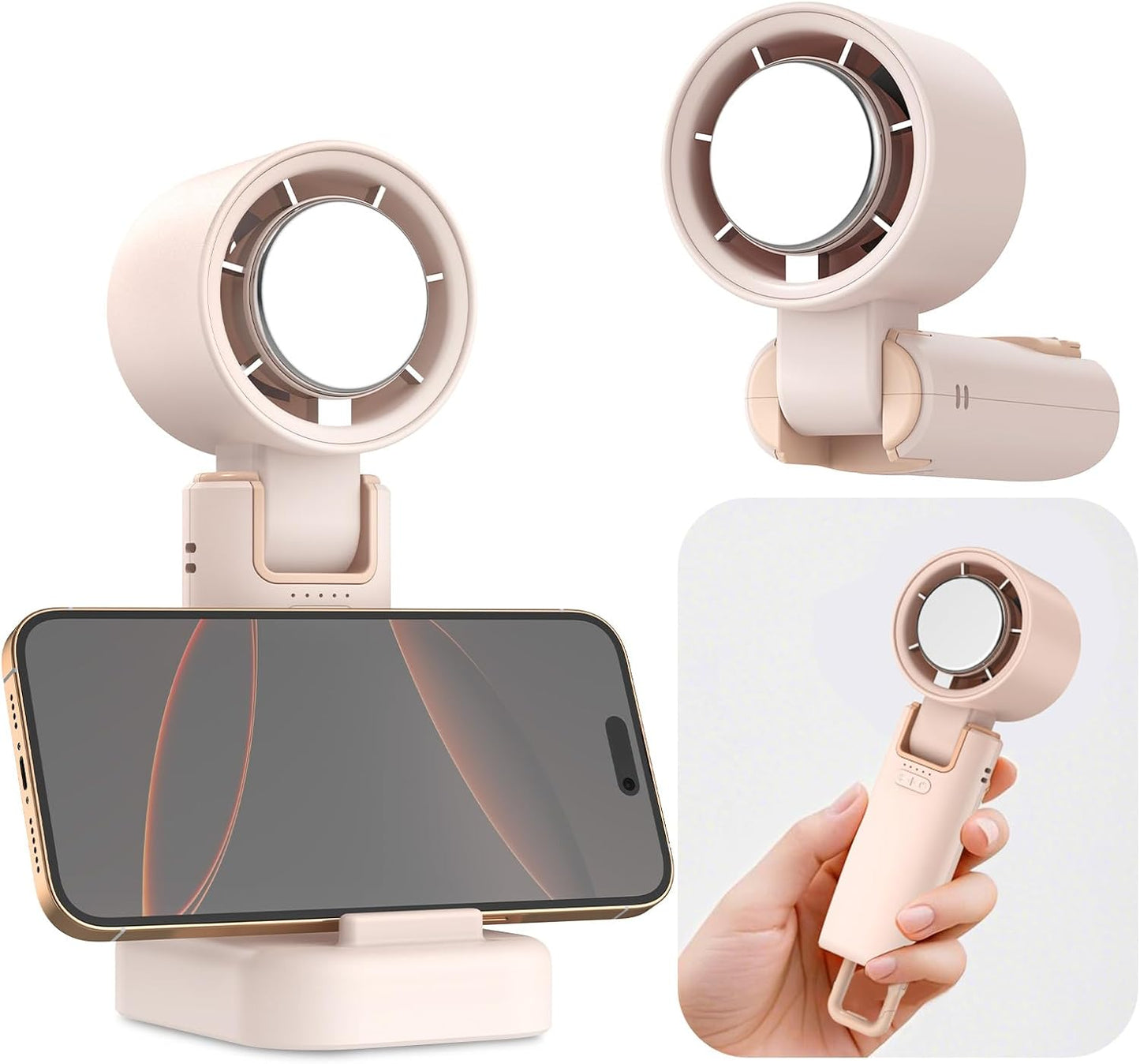 Portable Mini Handheld Fan with Ice Cooler, 180° Adjustable Head, Hook & Phone Stand, 13000RPM Turbo 5-Speed, 4000Mah Battery, Personal Fan for Travel/Office/Outdoor (Milky White)